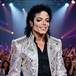 close - up award - winning hyperdetailed photograph of 5 0 year old thin!!!! skinny!!!!! michael jackson smiling on stage at his concert, wearing diamond futuristic crystal sparkling jacket with shoulder pads, spotlights and flashing colors behind him, massive crowd, stunning lighting, studio quality, 4 k, this is it, vevo 2 0 0 9