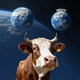 wide angle view, colored photo of a cow wearing circle crown, in space, leaving earth in the background, photorealistic, nikon z 1 4 - 2 4 f 2. 8 s, digital art, 8 k