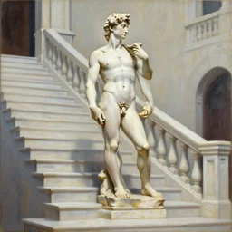 simple clear Heroic Paladin Dsurion ascends the stairway to valhalla Hand Crafted from marble by Michelangelo buonarotti. Painting by greg rutkowski Donato Giancola Jeff Simpson stamp acrylic
