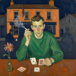 oil painting in the style of john craxton sailors in the shadows of a pub. in the style of ivon hitchins. holding cigarettes. scratch. strong lighting. playing cards. brush. single flower. cheekbones. smokey bar. seated figure hands on table. green jumper. eyes. navy. ochre. strong expressions on faces. line drawing.