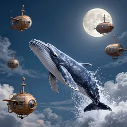 whales jumping over steampunk airships on a cloudy night lit by the full moons in the sky, by Didier Graffet, by Min Guen, by Giovani Magana, vivid colors, smokey cannons, flames, reflective surfaces, glossy finish, steampunk airships