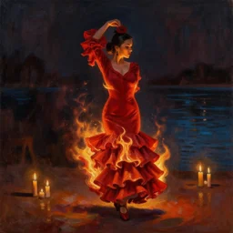 detailed oil painting of spanish flamenco dancer walking into water wearing a red dress that's engulfed in flames, dimly lit by candles on the ground, looking away, dark shadows, ethereal, slr, 4 k, high definition