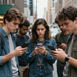 People looking down at their smart phones with bewildered looks, some standing, next to a street, in a mega city, someone uses powers to shut their phones off with his mind. High quality, very detailed. 4K