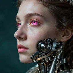 hyperrealistic very detailed profile of rococo woman with pink eyes and mechanical mouth tjalf sparnaay very dramatic dark teal lighting wide angle 35mm shallow depth of field 8k