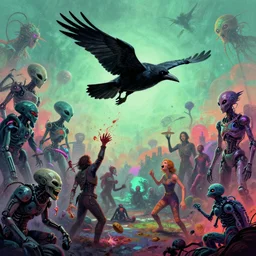crow man flying in the sky ; humans being devoured ; aliens, robotic machines, gods, bio - mechanical intelligences, glitch creatures, dmt entity ; lsd art, trending on artstation, style greg rutkowski