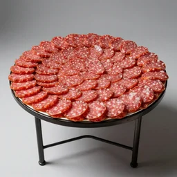 a round bench completely covered in salami, studio photography, 5 0 mm