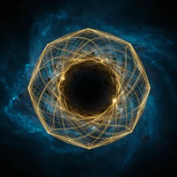 a black hole at the center of a golden wireframe geometric structure, deep blue and dark cyan nebula background, highly detailed artwork