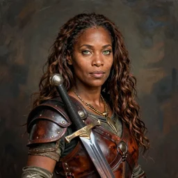 arabella mistsplitter, solo female darkskinned heroic soldier, midfifties, long brown hair, clear green eyes, african, ethiopian, magnificent oval face, leather armor, shortsword, a female dnd fighter's portrait, clear eyed, magical realism, realistic, by brian patterson and rhads!!!