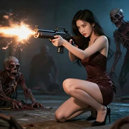 up close full body photography, perfect face gorgeous beautiful young woman in a sexy dress and high heels firing a machine gun at rotting scary zombies, muzzle flash, intense lighting, intense shadows, diffusion mapping, 8 k