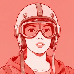 woman wearing aviator helmet and googles, drawn by jean giraud and moebius, red tones, flat colors