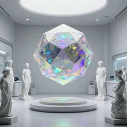 simplicity, sci fi lab room, sculpture of a icosahedron holographic iridescent luminescent mandelbulb floating, marble sculptures of people surrounding, by moebius, by simon stalenhag, by andrew jones, by julius horsthuis, ethereal, cinematic, 8 k, unreal engine, volumetric lighting, white black blue purple yellow green