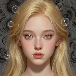 closeup portrait perfectly detailed of a beautiful mysterious blond girl, bubbles around head, cute eyes, swirly intricate linework background by stanley artgerm lau, smooth, digital painting, by greg rutkowski and hr giger, zbrush, trending on artstation, unreal engine 5