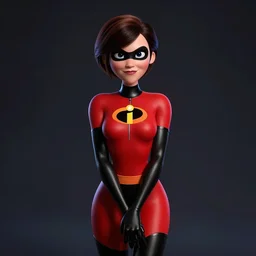 striking character concept portrait, elastigirl, wrists together, red and black leotard costume with zipper, curvaceous, the incredibles. detailed, elegant, high quality, dark lighting, very high contrast with dark background, fantasy, reflective, spotlight. digital artwork by artgerm and wlop and alex ross and pixar and alphonse mucha, trending on artstation
