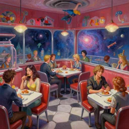Inside a diner at the edge of the universe where everyone will be safe. trending on Pixiv. trending on ArtStation. A vibrant digital oil painting. An absurdly-detailed fantasy illustration by Wayne Reynolds, Jason Chan, Jesper Ejsing, Charles Monet, Gustave Dore, Carl Critchlow, Bram Sels