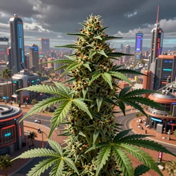 Cannabis pot in a futuristic cyberpunk Australian town. By Boris Vallejo, highly detailed