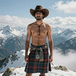 a homoerotic portrait of a shirtless desi hiker on a mountain peak | he is wearing a cowboy hat and a revealing tartan kilt | background is snowy mountains and clouds | detailed face, ethereal, dreamlike | by greg rutkowski and albert bierstadt and bill ward | trending on artstation