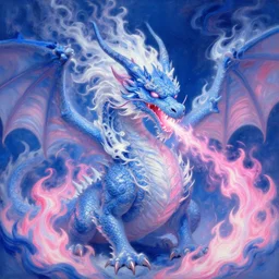 a firebreathing dragon breathing blue white and pink flames, pink fire from its mouth, surrounded by blue white and pink fire, hyperrealistic, highly detailed, intricate, elegant, smooth, dnd, fantasy illustration, 4 k, cgsociety, artstation, oil painting by greg rutkowski, artgerm, wlop