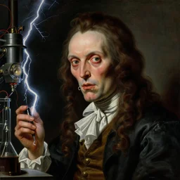 a baroque neoclassicist close - up portrait of a retrofuturistic horror mad scientist in a dark laboratory with electricity and high voltage lightning. renaissance portrait painting. highly detailed science fiction painting by norman rockwell, frank frazetta, and syd mead. rich colors, high contrast, gloomy atmosphere, dark background. trending on artstation
