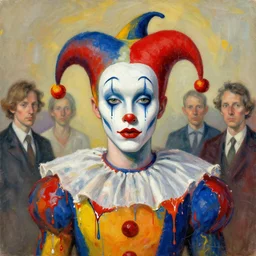 half figure portrait of a morphed harlequin by james jean and luc tuymans and vincent lefevre and hernan bas and pat steir and hilma af klint, psychological, dripping paint, high quality render, masterpiece