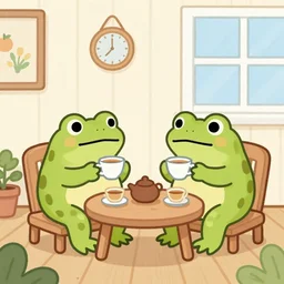 An elderly toad couple drinking tea on their porch. Cute colorful illustration.