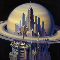 hyperrealistic painting of a cyberpunk city built on superimposed levels on saturn's moon titan. vibrant, realistic, best of artstation
