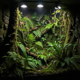 forest growing inside a basement, indoor forest, basement interior. lights above