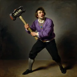 a beautiful full body oil painting of a man with a purple sweater trembling with fear in the shadows of a massive hammer with the word'ban'in it, art by franz xaver winterhalter, highly detailed, dramatic, jewlery, romanticism, rococo, neoclassicism, 1 8 5 0 s style painting, oil on canvas, vivid