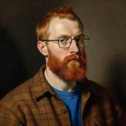 a man with short neat ginger hair, neat ginger beard, square glasses, plaid brown shirt, blue t shirt, baroque painting, carvaggio, harsh shadows, oil on canvas