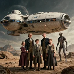 highly detailed, 13700438953472k film still from a sci fi blockbuster color movie made in 2019, set in 1860, of a family standing in front of a spaceship that has just landed on an alien planet, a humanoid alien creature stands nearby, the family are all wearing 1860s era clothes, good lighting, good photography, 8k HD, ultra high definition
