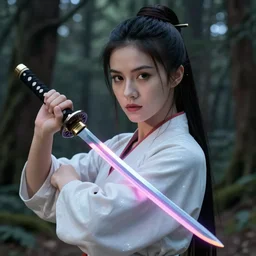 woman with neon katana in a forest at night, highly detailed, professional digital painting, Unreal Engine 5, Photorealism, HD quality, 8k resolution, cinema 4d, 3D, cinematic, professional photography, art by artgerm and greg rutkowski and alphonse mucha and loish and WLOP