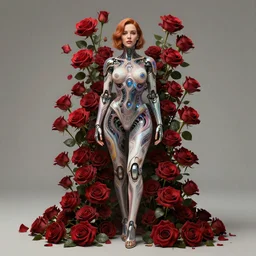 perfectly - centered!! looking at the camera!!! full body portrait of christina hendricks with roses, baroque style, cyberpunk cyborg. roses, sci - fi, intricate abstract upper body intricate artwork, by tooth wu, wlop, beeple, dan mumford. concept art, octane render, deviantart, greg rutkowski, cinematic arthouse, key art, hyper realism, iridescent accents