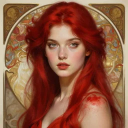 beautiful digital painting of a goddes stylish female with high detail, real life skin, red colors, 8 k, stunning detail, works by artgerm, greg rutkowski and alphonse mucha, unreal engine 5, 4 k uhd