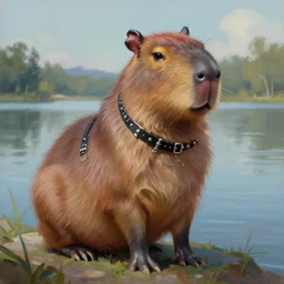 Beautiful portrait digital painting, oil painting, anthro anthropomorphic capybara androgynous , at a lake anarchist anarcho-punk Punk Punk outfit. furaffinity, artstation