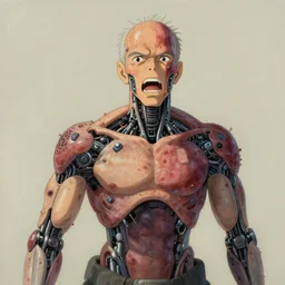 centred painting of a human with rare robotic virus skin disease with micro chips under skin, pain, agony, octane rendering, trending on artstation, studio ghibli, michael whealan and james gurney