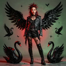 beautiful fantasy character portrait, natalie portman, boots, wearing a emo outfit, leather jacket, silver studs, punk hair, ultra realistic, dramatic red and green lighting, black swan artifacts, highly detailed by peter mohrbacher, hajime sorayama, wayne barlowe, boris vallejo, aaron horkey, gaston bussiere, craig mullins