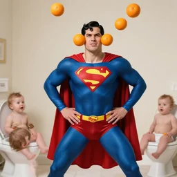 superman pose with oranges being thrown at face, toilet babies watching