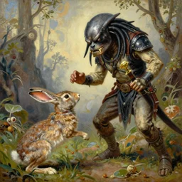 detailed oil painting of predator fighting the rabbit from monty python and the holy grail, intricate, highly detailed by artgerm and greg rutkowski and alphonse mucha