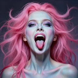 pink - haired woman, mouth opened & tongue out, pale psychedlic body painting, detailed lips, ahegao face, wide eyes looking up, detailed frontal declotage and thick flowing hair, by gil elvgren, julie bell, and randolph stanley hewton, fantasy, photorealism, splatter, bleed, epic lighting, hyperrealism, 8 k