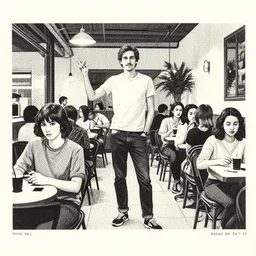 portrait of a cafe interior busy many people, ( ( karolis strautniekas ) ),, loish, christopher balaskas, ( ( victo ngai ), detailed, dynamic pose, halftone shaded, matte print, editorial illustration, risograph
