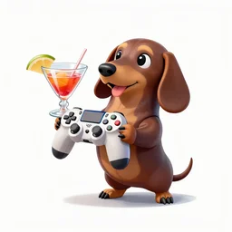 humanoid sausage dog playing with a ps 4 controller and drinking a cocktail, digital art, trending on artstation