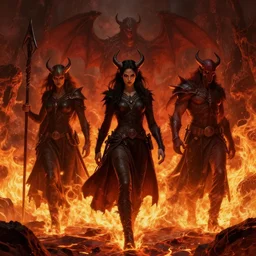 demons walking through the hell, fire, lava, by greg rutkowski and thomas kinkade and christophe vacher. fantasy, epic, 4 k
