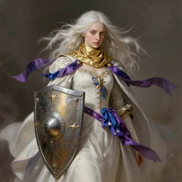 a paladin with light white hair and a gold scarf, windy, cape, purple and blue ribbons, stars, stoic, modern maximalist fashion dress, is ( ( holding a large shield ) ). light dust, magnificent, hyperdetailed, theatrical, painted by jean honore fragonard and greg rutkowski