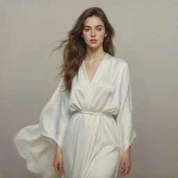 a realistic oil painting of a beautiful young woman resembling winnie harlow, flowing robes, silk dress, peonies, crystal encrustations, underwater, fantasy art, by mucha, by bouguereau, intricate, colorful