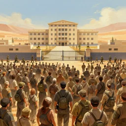 large millennial crowd in front of a | prison! locked down government security military gate | in the hot desert trending on artstation digital paint 4 k render