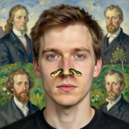 a portrait of a male character who has two snake nostrils instead of his nose in a scenic environment by Ross Tran and by Jesper Ejsing and by Mikalojus Konstantinas Ciurlionis