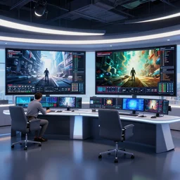 modern nbc newsroom, two stories, hd monitors octane render, unreal engine 5, epic game graphics, ray tracing