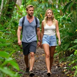 still of ryan gosling and margot robbie walking in the jungle in brazil