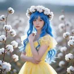 goddess of cotton, model pose, blue hair, yellow dress, crown of flowers, beautiful symmetrical face!!!, cinematic lightning, rim light, white! cotton!!!! flowers background, ross tran, greg rutkowski