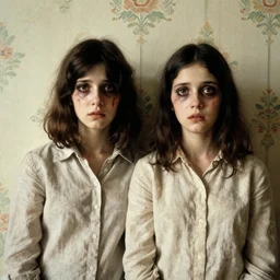 a baroque painting of two beautiful but creepy siblings wearing linen shirts in layers of fear, with haunted eyes and dark hair, 1 9 7 0 s, seventies, wallpaper, a little blood, morning light showing injuries, delicate embellishments, painterly, offset printing technique, by brom, robert henri, walter popp