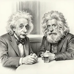 Einstein and Newton sitting at cafe, pencil drawing, ultra detailed